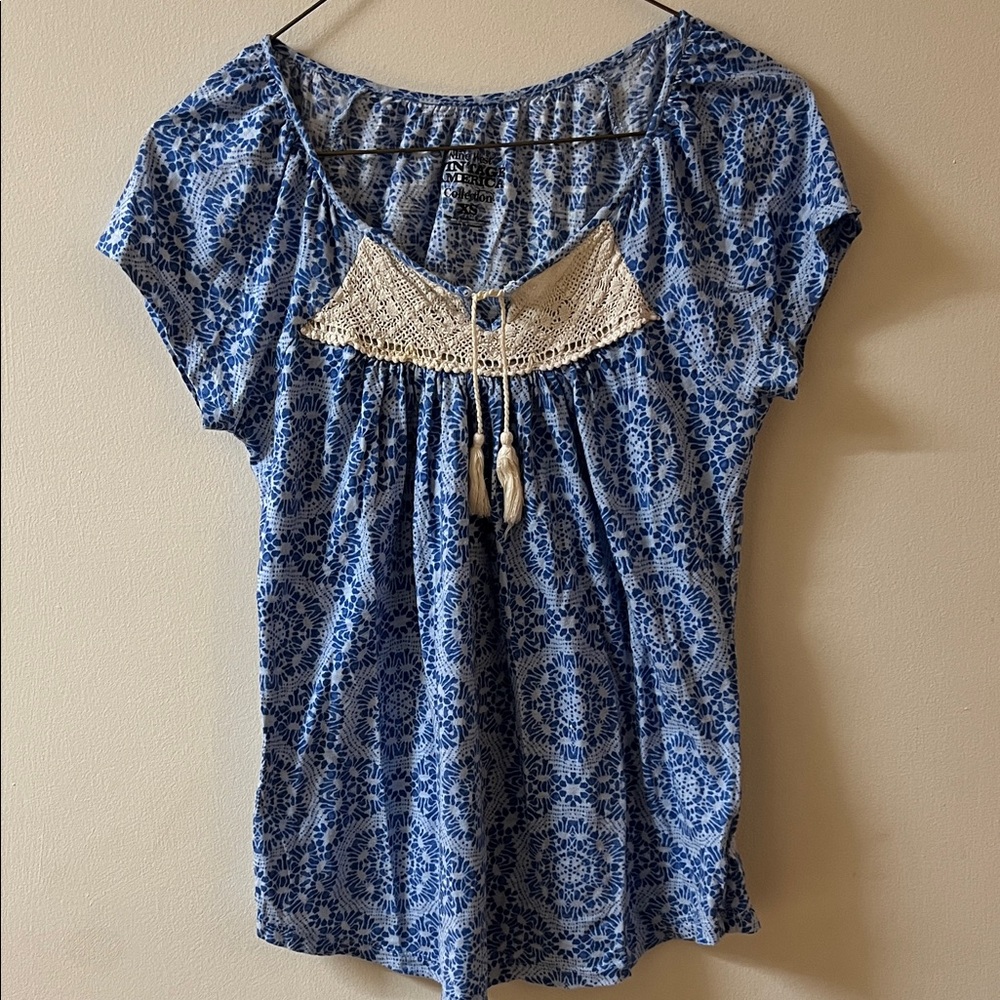 Nine West Blue and Cream Patterned Blouse